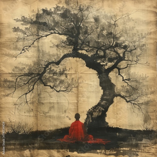 Peaceful Meditation Scene with Buddhist Monk on Old Paper

