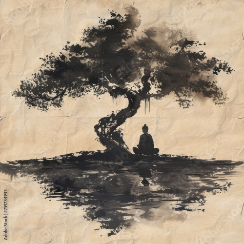 Peaceful Meditation Scene with Buddhist Monk on Old Paper
