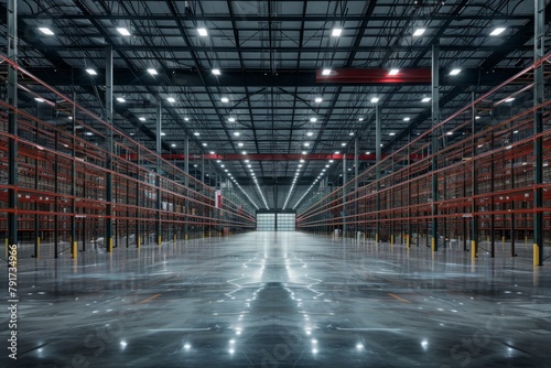 A large warehouse interior filled with rows of shelves stretching into the distance photo