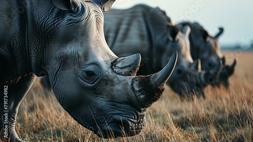 Group of Rhinoceroses Grazing Peacefully on a Grassland, Their Massive Forms a Calm Presence in the Wild Landscape