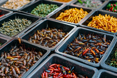 Edible insects in trays at vibrant food market bug based delicacies photo