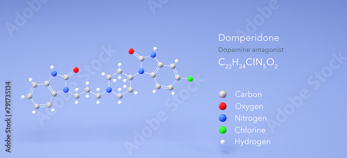 domperidone molecule, molecular structures, motilium, 3d model, Structural Chemical Formula and Atoms with Color Coding photo