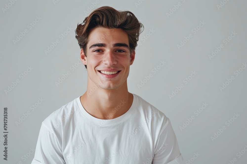 Portrait of a young adult handsome man in white t shirt smiling while standing against white background Portrait of a young adult handsome man in white t shirt smiling while standing against white background