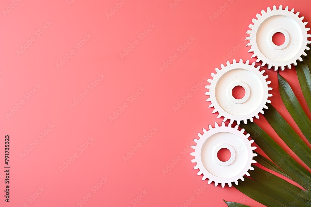 Three white gears on a Coral background, laid flat, copy space concept for business technology and development in the abstract vector with copy space for photo text or product, blank empty copyspace