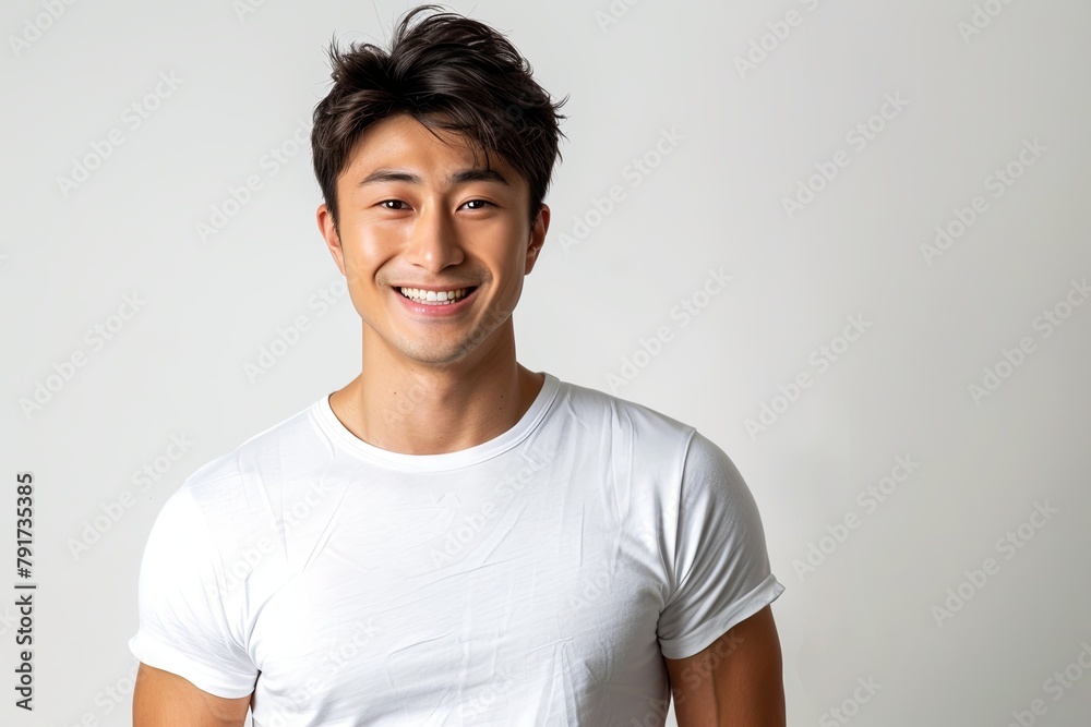 Portrait of a young adult handsome man in white t shirt smiling while standing against white background Portrait of a young adult handsome man in white t shirt smiling while standing against white background