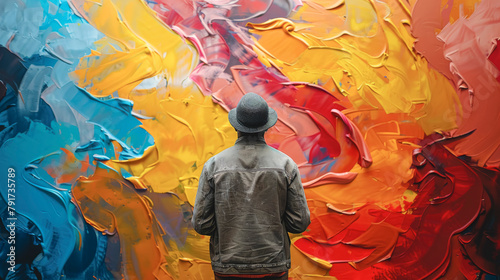 A male artist stands in front of a wall painted with different colors. © puhimec
