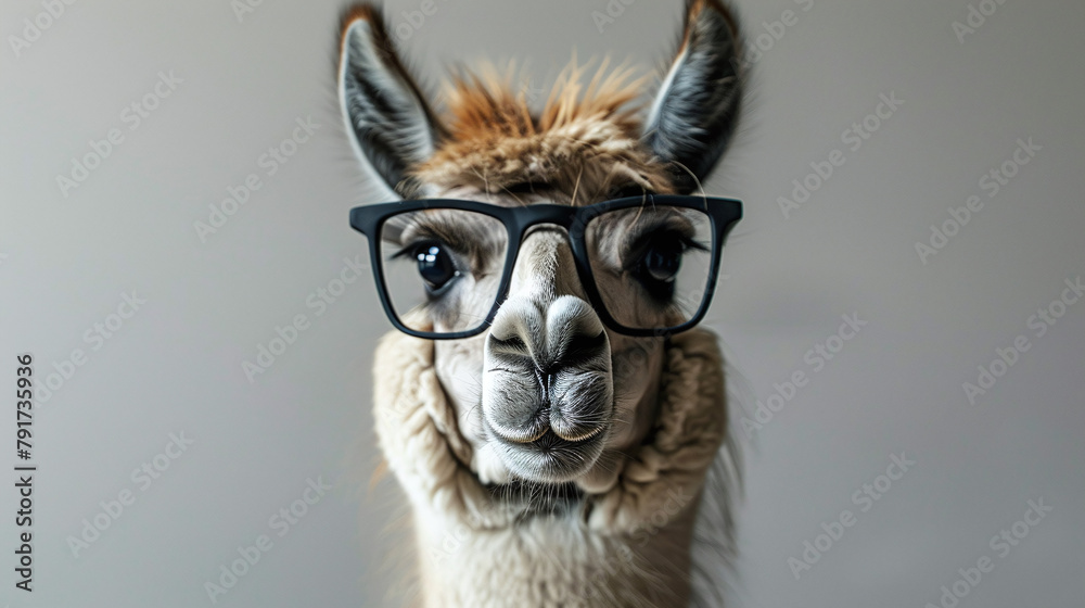Fototapeta premium Intelligent Llama Wearing Stylish Black Glasses on Gray Background