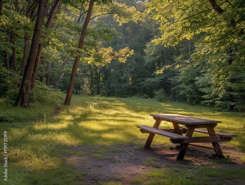 A wooden picnic table sits in a grassy field with trees in the background. The sun is shining brightly, creating a warm and inviting atmosphere. Concept of relaxation and leisure