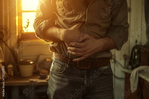 Standing alone, the man's stomach pain served as a stark reminder of his vulnerability, prompting him to confront the unsettling reality of his body's betrayal within the familiar confines of his home photo