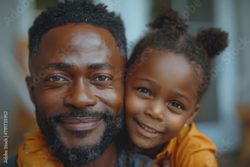 Cheerful African man with a beaming smile posing with his joyful daughter indoors photo