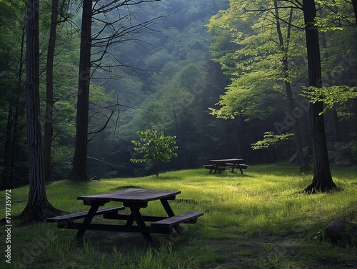 A picnic table is set up in a grassy field with trees in the background. The scene is peaceful and serene, with the sun shining through the trees and casting a warm glow on the grass