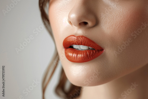 A woman s lips with a creamy  hydrating lipstick in a natural shade