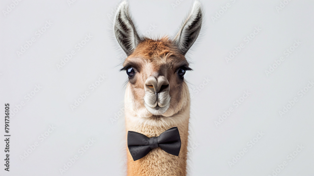 Fototapeta premium Elegant Llama Wearing Black Bow Tie on Light Gray Background