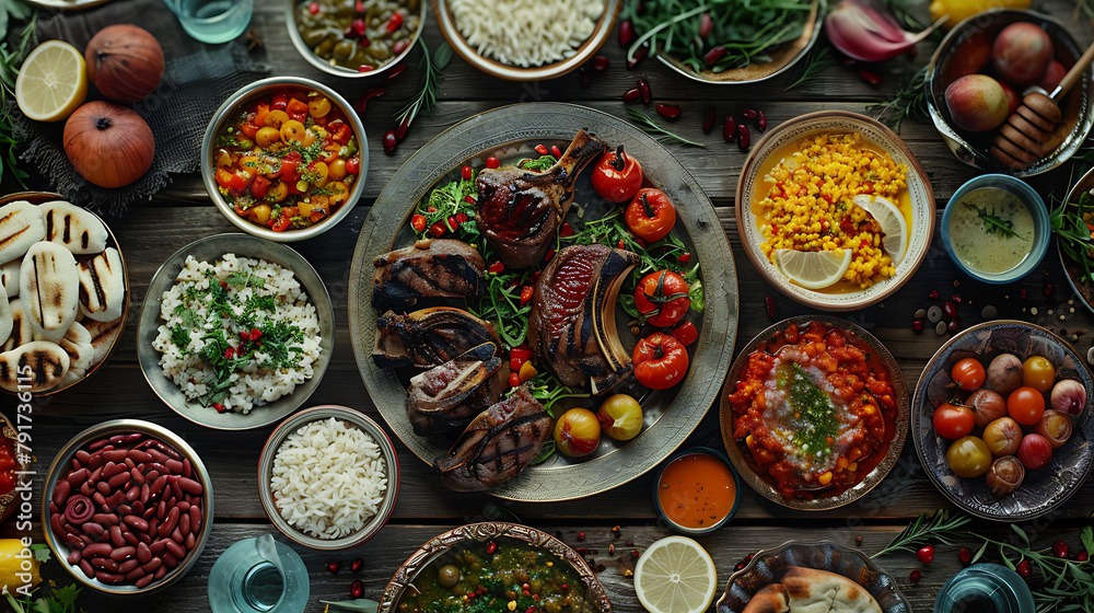 Flat-lay of family feasting with Turkish cuisine lamb chops, quince, bean, vegetable salad, babaganush, rice pilav, pumpkin dessert, lemonade over rustic table, top view, Middle East cuisine