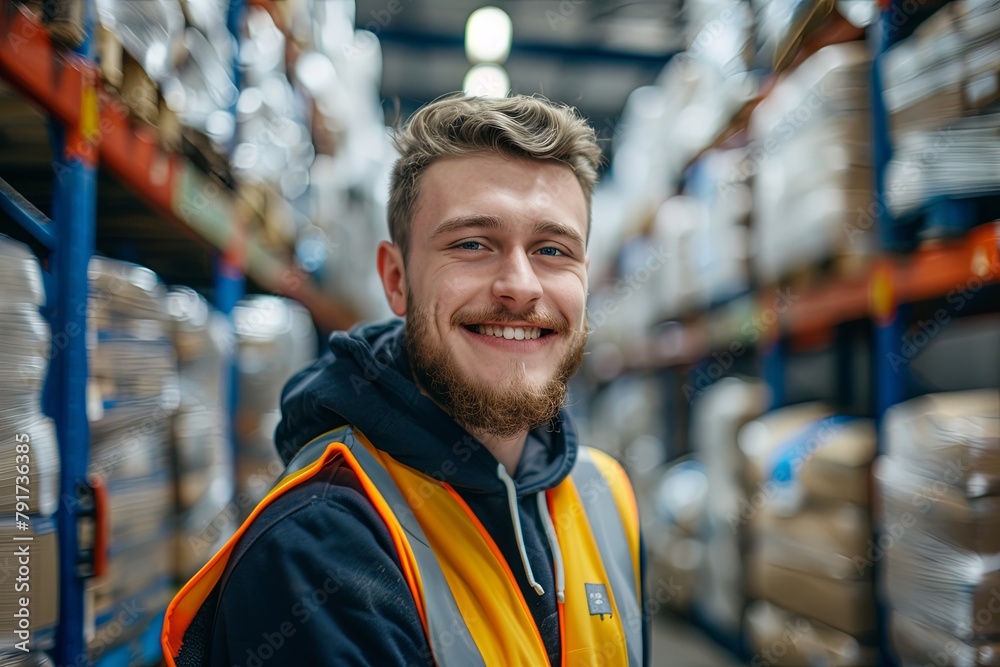 Fototapeta premium Smiling portrait of a young male warehouse worker