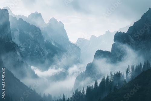 Aerial view of misty fogy mountains.