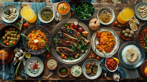 Flat-lay of family feasting with Turkish cuisine lamb chops, quince, bean, vegetable salad, babaganush, rice pilav, pumpkin dessert, lemonade over rustic table, top view, Middle East cuisine photo
