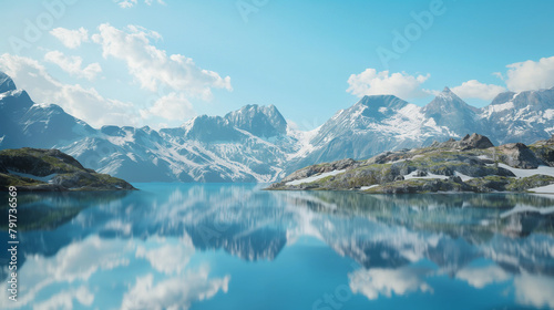 A serene mountain lake reflecting snow-capped peaks and a cloudless blue sky, creating a picture-perfect alpine scene. 