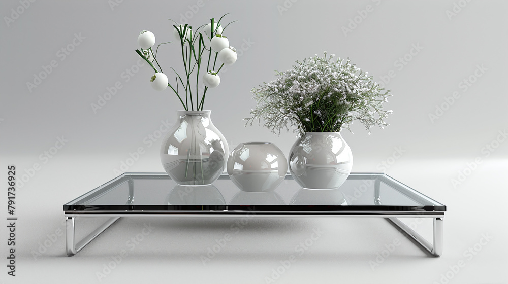 Elegant Glass Table with White Flowers in Ceramic Vases Home Decor