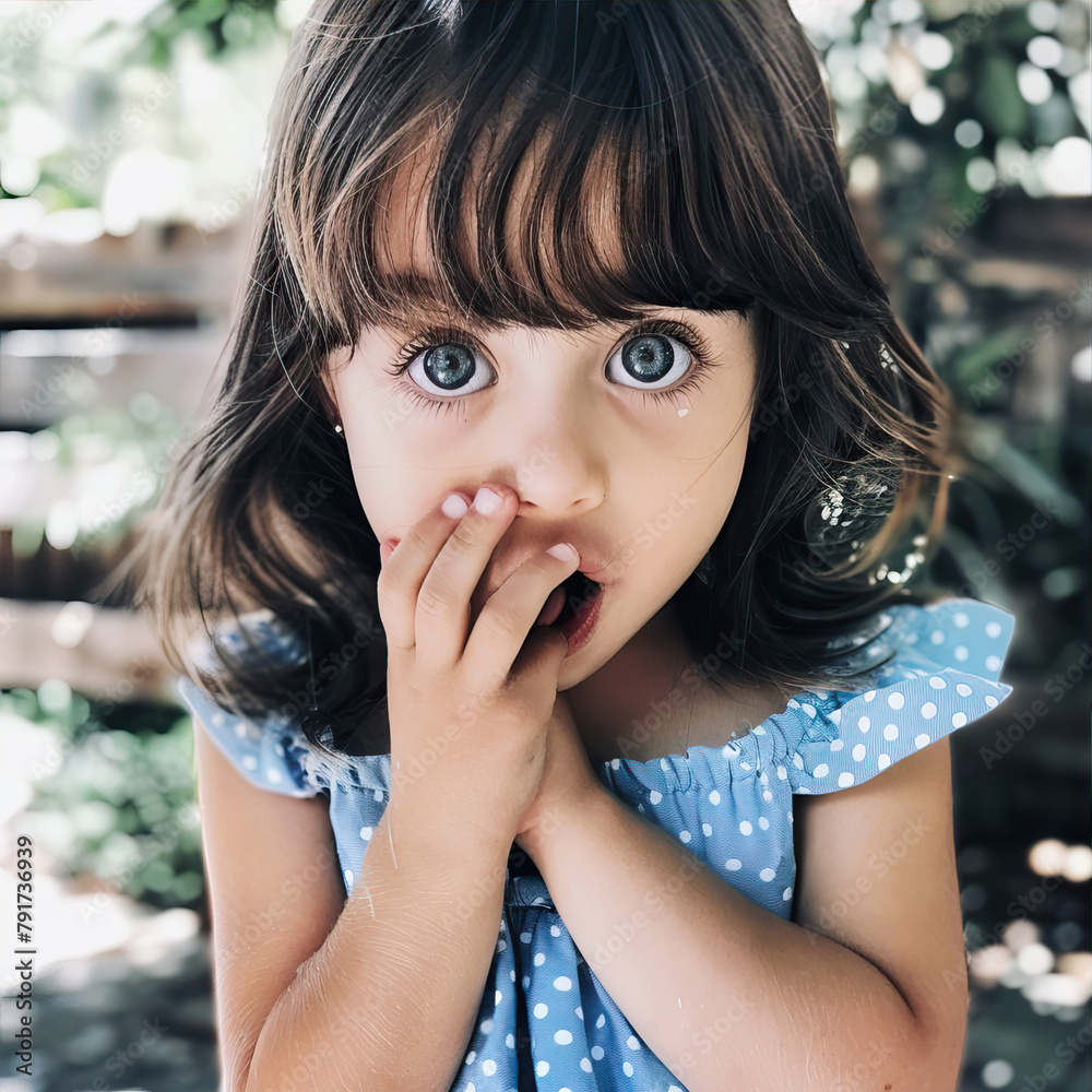 Obraz premium Little, surprised girl covers her mouth with her hand 