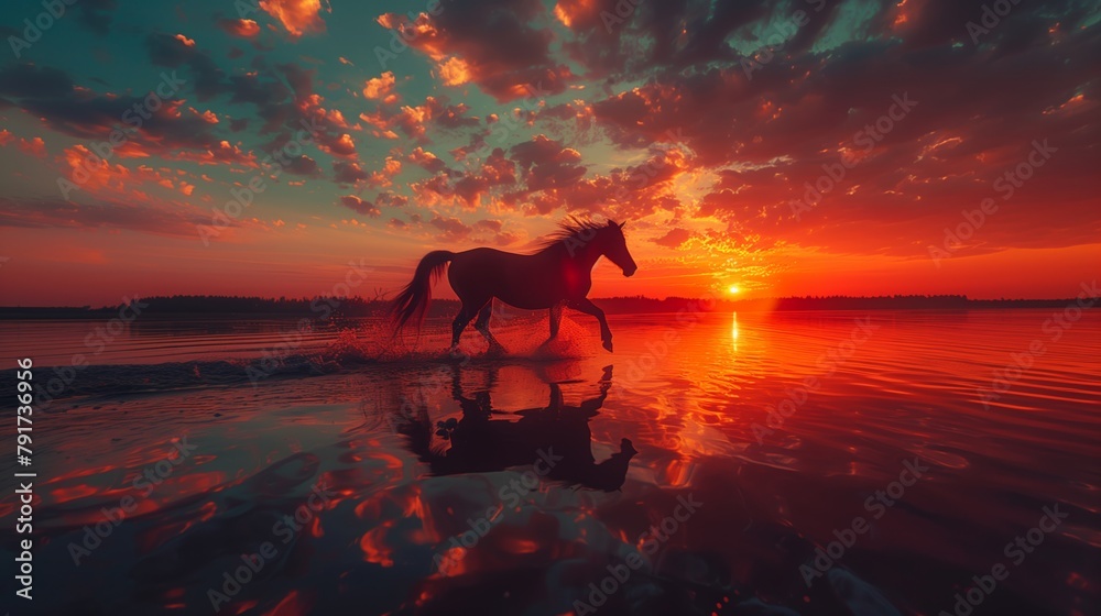 Silhouette of a Running Arabian Horse at summer beach at epic sky in sunset time