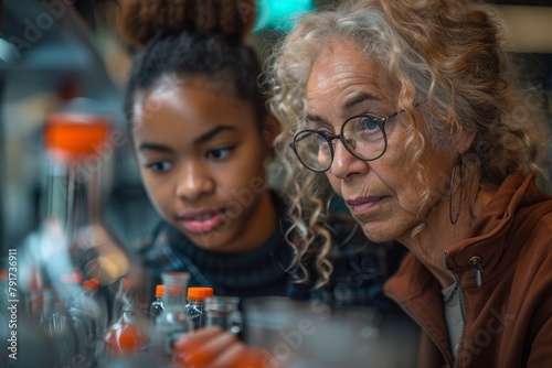 An older woman and a young girl with interest gaze at lab equipment, suggesting mentorship and education in science