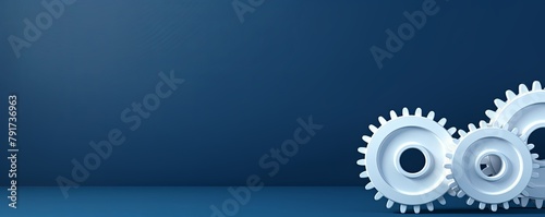 Three white gears on a Indigo background, laid flat, copy space concept for business technology and development in the abstract vector with copy space for photo text or product, blank empty copyspace photo
