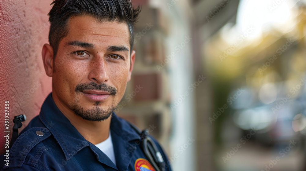 Confident Hispanic Paramedic Smiling in Uniform with Blurred Background