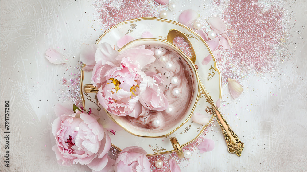 Beautiful cup of coffee on a saucer decorated with cream and flowers
Beautiful cup of coffee on a saucer decorated with cream and flowers