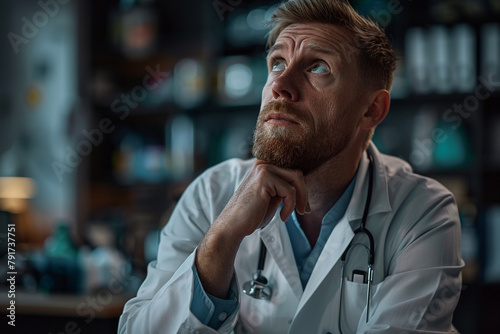 A doctor in deep thought, pondering a difficult diagnosis.