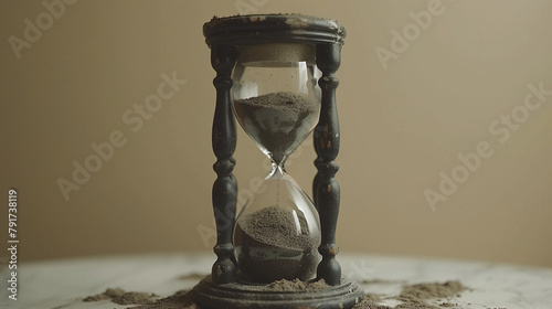 Vintage Hourglass on Sand Timer Passing with Soft Light Background photo