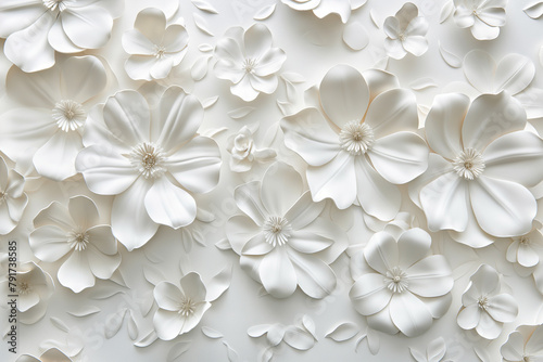White paper flowers on a white background. Flat lay, top view. © kanurism