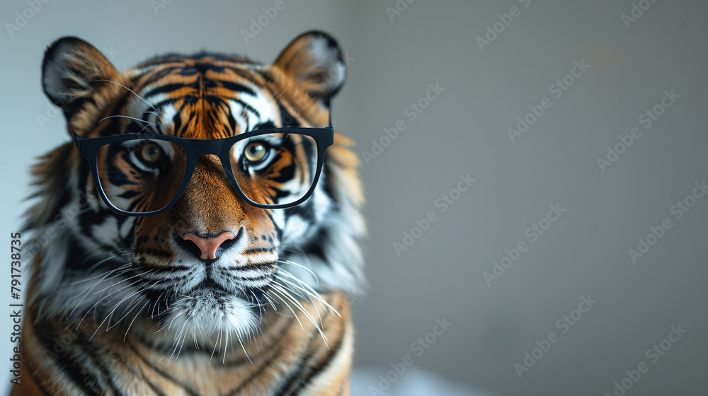 Intelligent Tiger Wearing Black Glasses on Gray Background