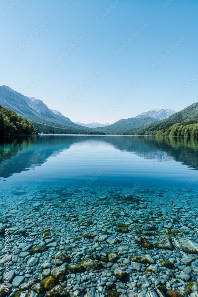 A breathtaking view of a body of water surrounded by towering mountains and rocky terrain.