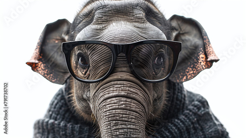 Young Elephant Wearing Black Glasses and Gray Scarf on White Background