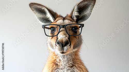 Close Up Portrait of Kangaroo Wearing Glasses on Simple Background