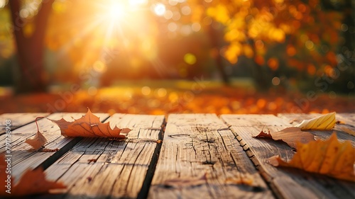 Beautiful empty wooden table with fall leaves, glowing sun set and blurry seasonal colors photo