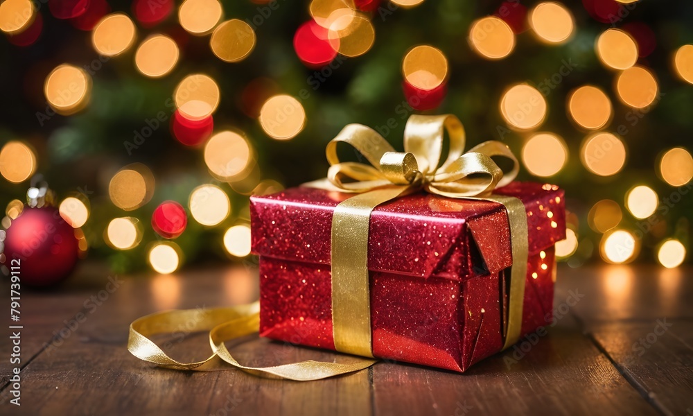 Red glittering gift with golden ribbon Red glittering gift with golden ribbon