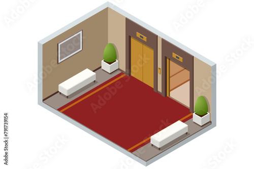 Isometric empty luxury hotel hallway interior with closed numbered doors, glowing wall lamps, potted plants and elevator. Enjoy the Holiday and Vacation. Mobile Application, Hotel Booking Online