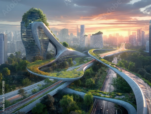 A futuristic city with a large building that has a green roof. The city is full of tall buildings and a large highway