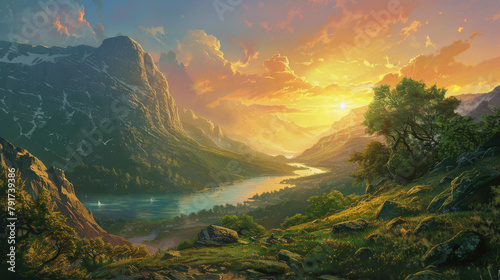 A beautiful landscape with a river and mountains in the background