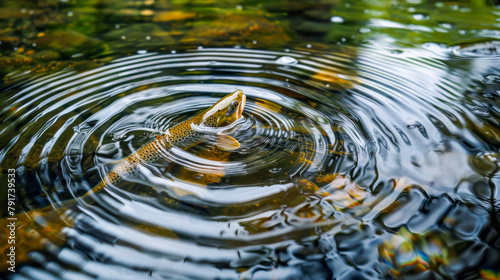 A fish is swimming in a pond with ripples in the water © Napat