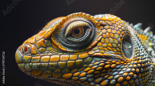 A close up of a lizard s face with a green and yellow pattern