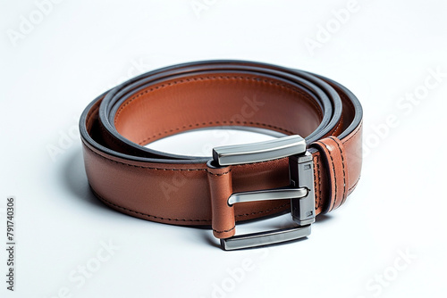 A sleek leather belt with a stylish buckle, a versatile accessory to complete a polished summer look for men isolated on solid white background.