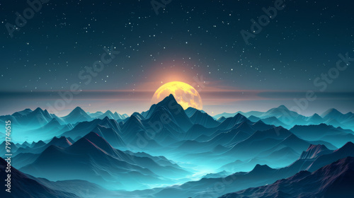 Digital wallpaper of a moon rising over layered blue mountains with a starry night sky.