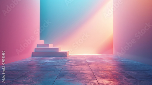 Vibrant Pink and Blue Hallway with Sunbeams and Steps Modern Design