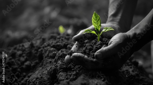 A hand holding a small green plant in dirt photo
