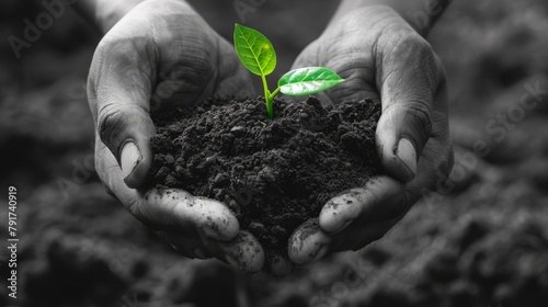 A hand holding a small green plant in dirt photo