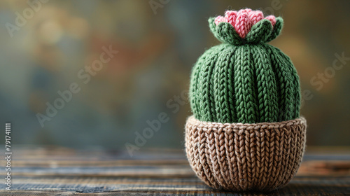 Handmade Green Knitted Cactus with Pink Flowers in Brown Pot photo