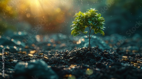 A young plant growing among scattered coins, symbolizing financial growth and investment potential.
